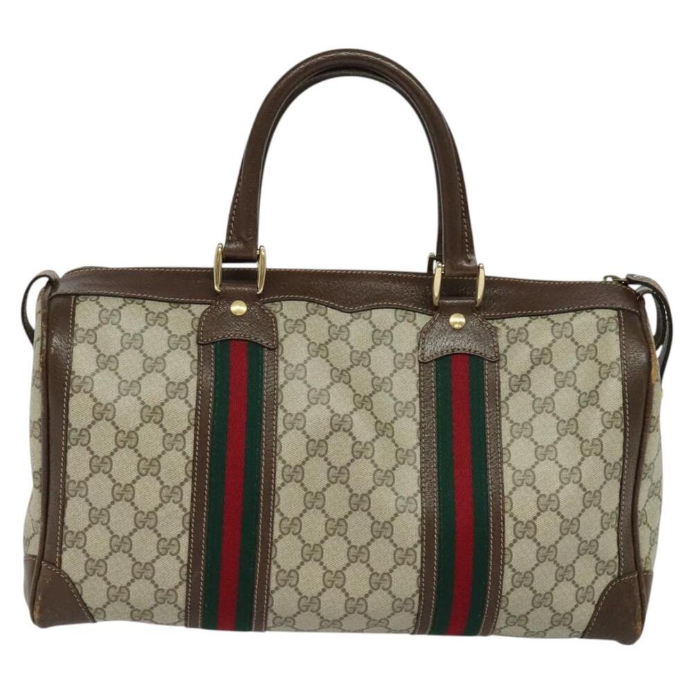 GUCCI GG Supreme Web Sherry Line Hand Bag Pvc Beige Gold Red - Picture 3 of 16